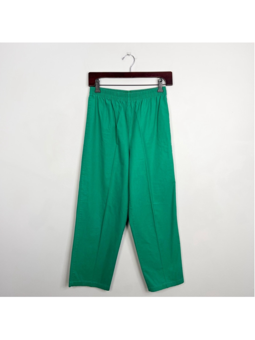 Vintage 70s 80s pure cotton Kelly green straight leg cropped pull on trousers S - Picture 4 of 10